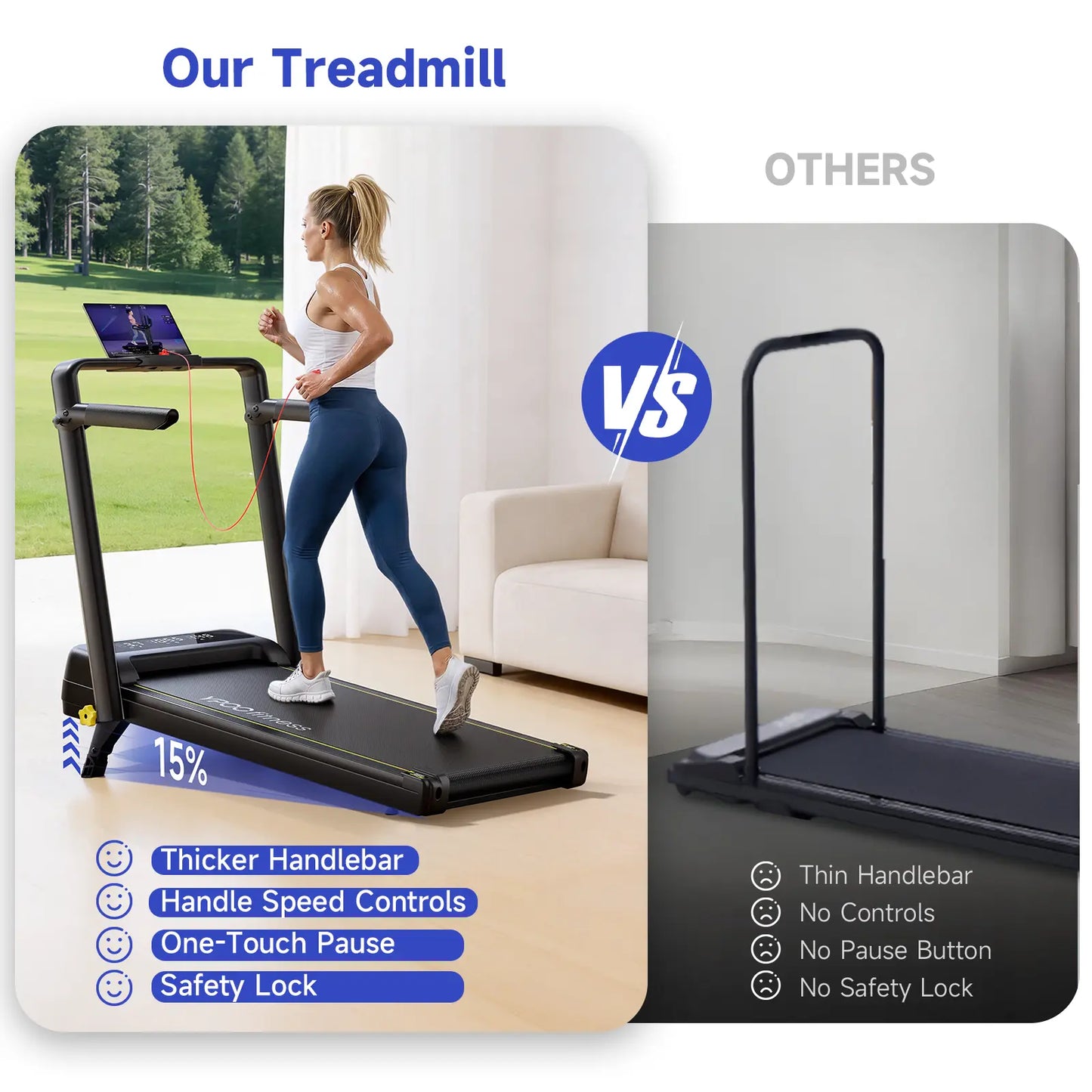 YPOO Walking Pad Treadmill with Handrails - 15% Adjustable Incline for Glutes & Legs Activation, Quiet Compact Home Gym Equipment for Safe Indoor Warm-Up & Daily Steps, Walking Pad Treadmills