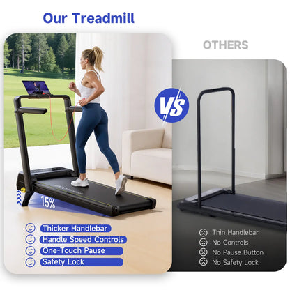 YPOO Walking Pad Treadmill with Handrails - 15% Adjustable Incline for Glutes & Legs Activation, Quiet Compact Home Gym Equipment for Safe Indoor Warm-Up & Daily Steps, Walking Pad Treadmills