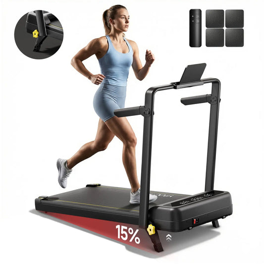 YPOO Walking Pad Treadmill with Handrails - 15% Adjustable Incline for Glutes & Legs Activation, Quiet Compact Home Gym Equipment for Safe Indoor Warm-Up & Daily Steps, Walking Pad Treadmills